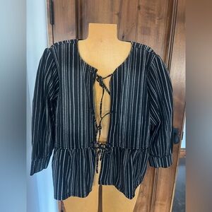 LOGO Lori Goldstein16 black white stripe denim jacket layering 3/4 pockets!